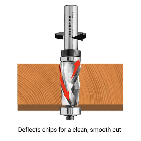 Slick Compression Flush Trim Router Bit With Top And Bottom Bearings To Nail Every Seam On Plywood Melamine And Laminate. Runs Smoother Than Silk Featuring A 3/4 Inch Diameter Plus A 1/2 Inch Shank For Flawless Wood Templating Work, cutting through wood.