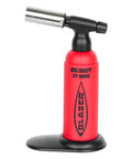 Red GT8000 Big Shot Torch With Adjustable 2500F Flame Portable Butane Torch anti flare, showing nozzle and ignition, made in Japan