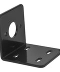 Black metal L-shaped motor mount bracket with a large central hole on the vertical plate and four oval mounting holes on the base.