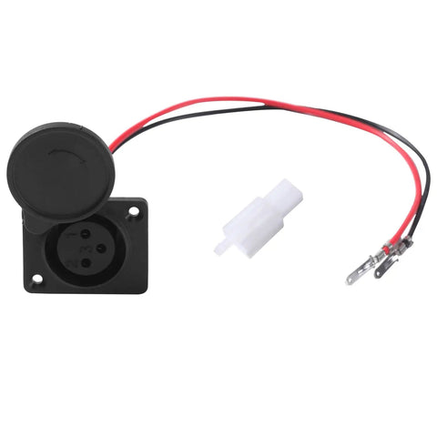 XLR Charger Port Replacement For Razor MX650 MX500 SX500 Dirt Rocket Bikes And EcoSmart Metro Kids Electric Scooters EScooters EBikes 3 Pin 2 Wires Fits Off Road Motocross Parts Built To Last showing a black 3-pin port with red and black wires and white connector.