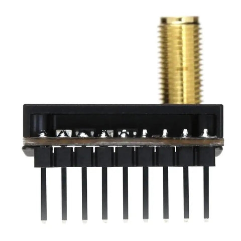 Side view of OverShoot 3.3G 4W VTX With IRC Tramp Protocol 7 to 30V Input 3.3GHz VRX connector pins and gold antenna.
