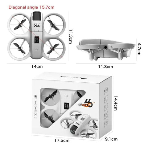 Palm Sized FPV Drone With Dual Cameras For Beginners, dimensions and packaging details, showcasing compact size.