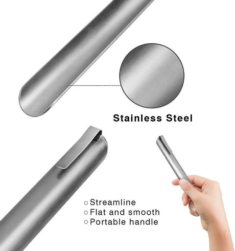 Close-up of a 2-pack stainless steel crumb sweeper for waitstaff and home use, showing streamline handle for counters and tablecloths.