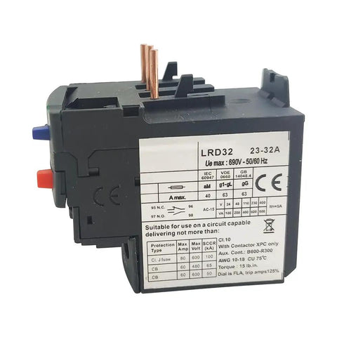 Heavy Duty Thermal Overload Relay 23 To 32 Amp For LC1D Contactor Series 25 32 38 With 1 NO And 1 NC Auxiliary Contacts, Works With AC DC Motors, Class 10A IEC 60947 4 1
