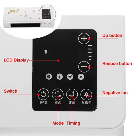 Dope 2000W Wall Mounted Air Conditioner And Heater With Touch Screen Remote Control Timing Feature PTC Ceramic instant warmth LCD display and control panel details.
