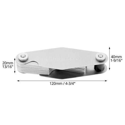 29 Degree Acme Screw Pitch Gauge Set 16 Piece Steel Thread Pitch Measuring Tool With Laser Engraved Scale, folded view.