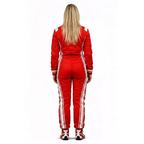 Back view of red Go Kart Racing Suit For Adults Kids And Teens Water Resistant Digital Print Lightweight Breathable Fabric Ergonomic Design