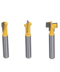 Pro Keyhole Router Bits Set 3 Pcs 1/4 Inch Shank T Slot Milling Cutters featuring durable carbon steel and alloy blades.