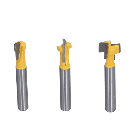 Pro Keyhole Router Bits Set 3 Pcs 1/4 Inch Shank T Slot Milling Cutters featuring durable carbon steel and alloy blades.