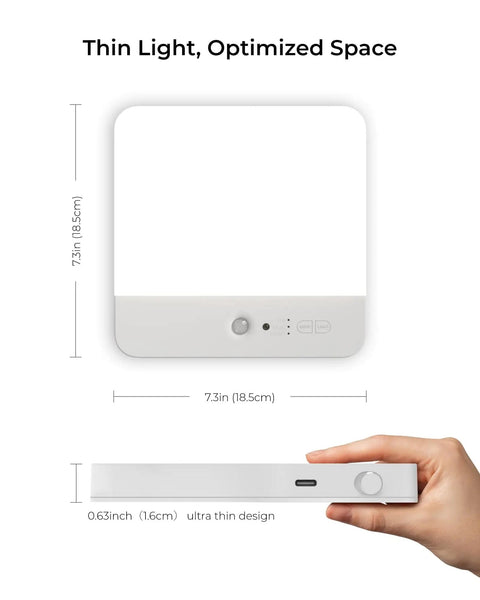 Cordless Motion Sensor LED Ceiling Light With Rechargeable Battery, Magnetic Mount, showing dimensions and thin design