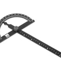No Fuss Adjustable Aluminum Protractor And Angle Gauge Featuring Laser Etched Scale Zero To One Eighty Degree Measurement For Woodworkers And Trade Crew on flat surface with clear markings.