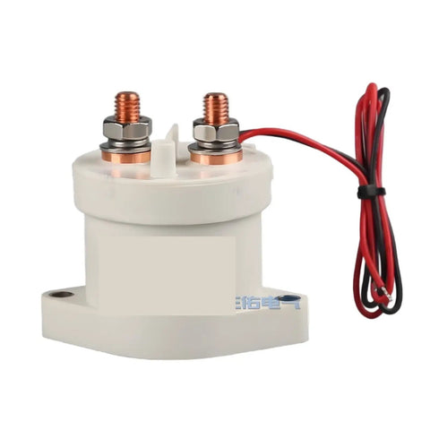 Built Tough Heavy Duty DC Contactor And Electric Relay Switch For EV Chargers With Zero Fuss High Voltage Power Control For Solar Battery Banks In 12V To 72V Systems close-up showing terminals and wiring.
