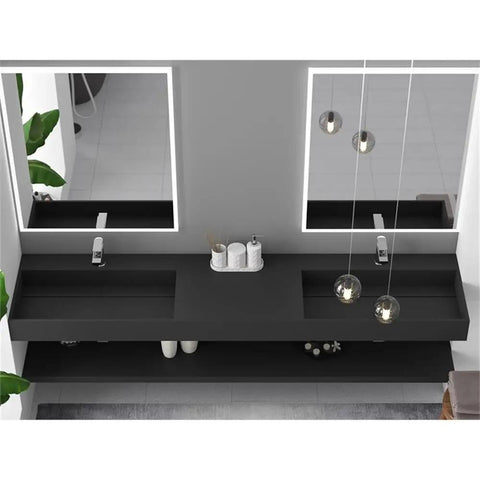 Top Shelf 84 Inch Wall Mounted Bathroom Sink In Matte Black Manmade Stone Basin with dual sinks and modern faucets for a sleek design.