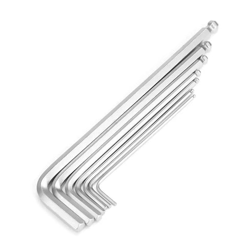 Top Notch 7 Pc Extended Hex Key L Wrench Set With Long Handles For Mechanics Pros And DIY Guys Featuring Ergonomic Grips In Sizes From.5mm To 6mm Made Of Durable Steel For Tough Jobs., 7-piece steel hex key set, angled view