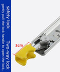 Close-up of the locking mechanism on heavy duty drawer slides with soft close full extension rails three fold ball bearing tracks.