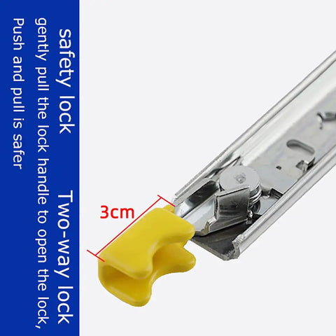 Close-up of the locking mechanism on heavy duty drawer slides with soft close full extension rails three fold ball bearing tracks.