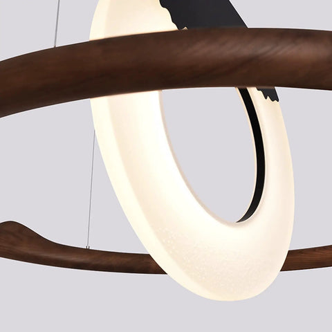 Large Chinese Style Wrought Iron And Solid Wood Ceiling Pendant Chandelier With Efficient Led Bulbs For Dining Room Bedroom Or Foyer, close-up view showing wooden frame and soft light.