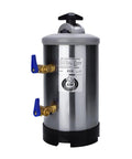 Top Tier Countertop Water Softener Loaded With Heavy Duty Resin To Knock Out Hard Calcium And Magnesium From Your Espresso Machine And Pour Up A Legit Smooth Rich Morning Pull, stainless steel design with blue valves.