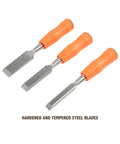 Economy 3 Piece Wood Chisel Set With One Half Inch Three Quarter Inch And One Inch Hardened Blades in orange handles