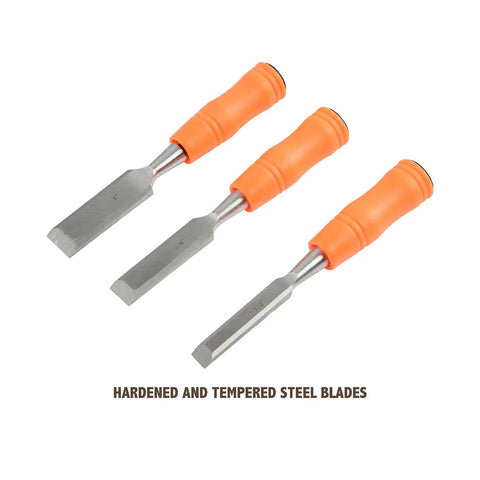 Economy 3 Piece Wood Chisel Set With One Half Inch Three Quarter Inch And One Inch Hardened Blades in orange handles