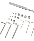Cup Point Set Screw Kit With 304 Stainless Steel Grub Screws M2 Through M8, hex wrenches, tweezers displayed.