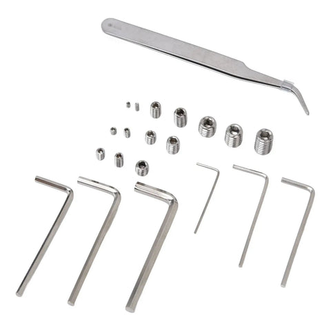 Cup Point Set Screw Kit With 304 Stainless Steel Grub Screws M2 Through M8, hex wrenches, tweezers displayed.