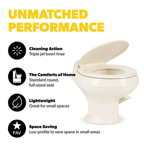Low Profile Toilet With Full Size Residential Seat And Triple Jet Bowl Rinse Gravity Flush One Pint Per Flush Lightweight Polypropylene 301 Series Bone with features described