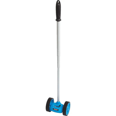 Heavy Duty Dual Measuring Wheel With Nifty Telescopic Handle For Quick Layout Work On Concrete Or Lawn, blue, sturdy design.