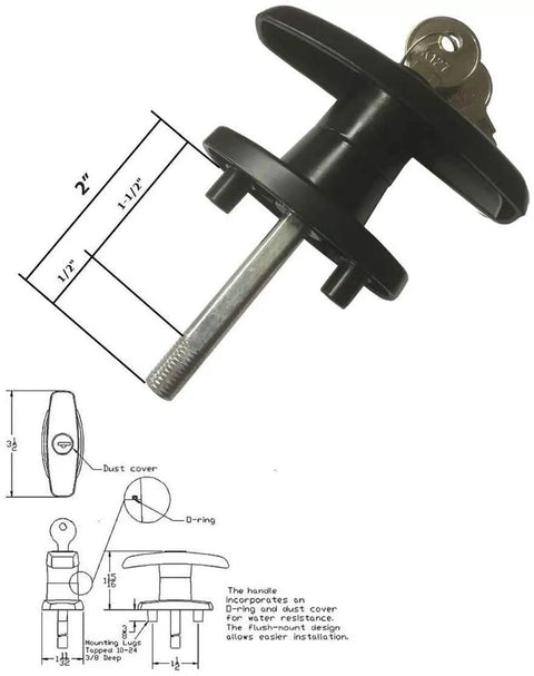 Keyed Alike T Handle Lock Set with Two Inch Shaft and One Half Inch Thread Includes Two K127 Keys Zinc Die Cast Black Coat