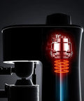 Compact Semi Automatic Coffee Maker Featuring 5 Bar Pressure Pump for creamy lattes showing internal mechanism in black and red design