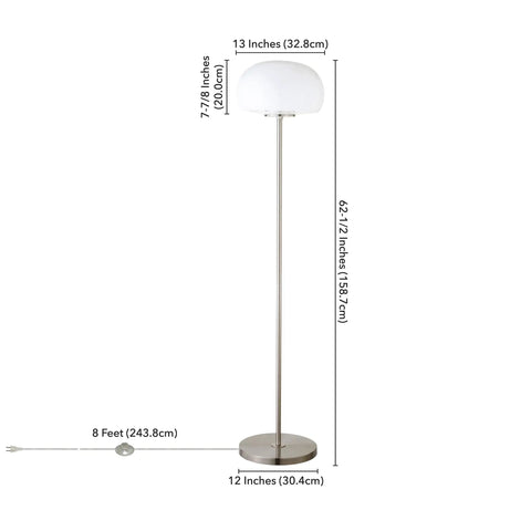 62.25 Inch Tall Floor Lamp With Glass Shade In Brushed Nickel White Milk Glass Mushroom Globe Lamp E26 Base Bulb Handcrafted Steel Base 8 Ft Cord 13 W X 13 D Great For Living Rooms Dens Or Offices With Warm Ambient Light And Modern Studio Style