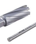 Front view of ACTOOL carbide-tipped annular cutter, 1 in diameter, 2 in depth of cut, with 3/4 in Weldon shank.