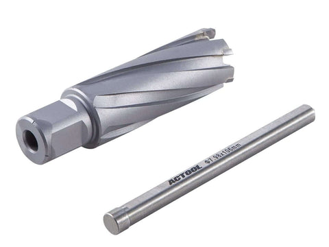 Front view of ACTOOL carbide-tipped annular cutter, 1 in diameter, 2 in depth of cut, with 3/4 in Weldon shank.