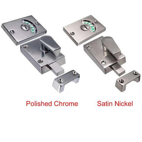 Two Pack Restroom Door Lock Latch With Occupied Vacant Indicator In Stainless Steel Satin Nickel Finish Privacy Handle For Bathrooms No More Knocks Easy Visibility in polished chrome and satin nickel finishes