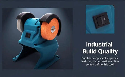 Badass Cordless Mini Bench Grinder Featuring Dual Grinding Wheels and a Rock Solid Suction Mount for Zero Vibration Sharpening and Precision Workshop Projects side view showcasing dual grinding wheels and switch.