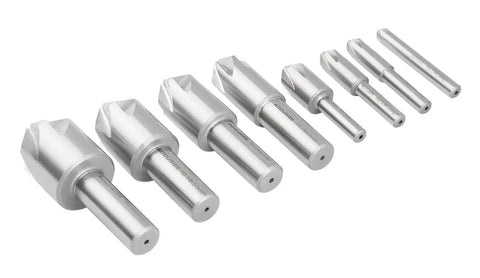 82 Degree 6 Flute HSS Countersink Set, 8 Pack, Precision Ground Countersinks, Sizes From One Quarter Inch To One Inch displayed side view