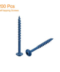 Two blue 8x2 pocket hole screws with square drive showcasing 200 piece set, carbon steel heavy duty for woodworking projects.