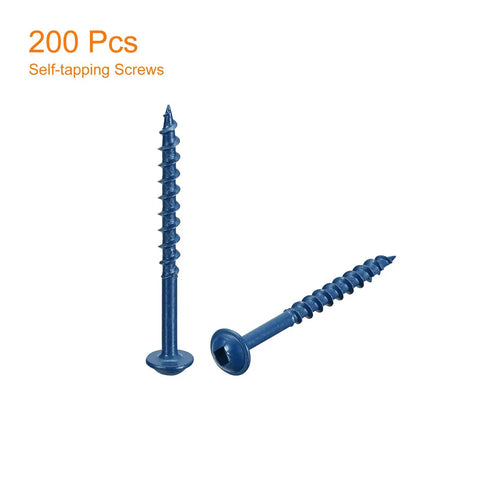 Two blue 8x2 pocket hole screws with square drive showcasing 200 piece set, carbon steel heavy duty for woodworking projects.