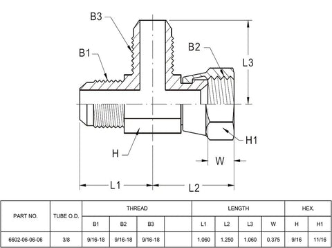 Two Pack Hydraulic Hose Adapter Fitting Set 3/8 Inch Male JIC 37 Degree Flare 9/16-18 UNF, 3/8 Inch Female JIC 37 Degree Swivel 9/16-18 UNF, 3/8 Inch Male JIC 37 Degree Flare Tee Joint Connector Carbon Steel, technical drawing