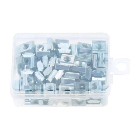 Bulk 100 Pcs M5 M6 T Slot Nuts For 20 Series Aluminum Extrusion Galvanized Slide Nuts Fasteners in a clear plastic box