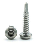 Rock Solid Tamper Proof Security Screws With Pin Drive Pan Head Design Built Tough For Metal To Wood Projects Crafted From Premium 410 Stainless Steel For Hella Corrosion Resistance Pack Of Twenty Five Fasteners close-up of two screw angles showing the pan head and self-drilling tip.