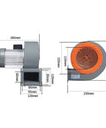 Heavy Duty Industrial Centrifugal Blower Fan side view with dimensions for smoke exhaust and water damage restoration.