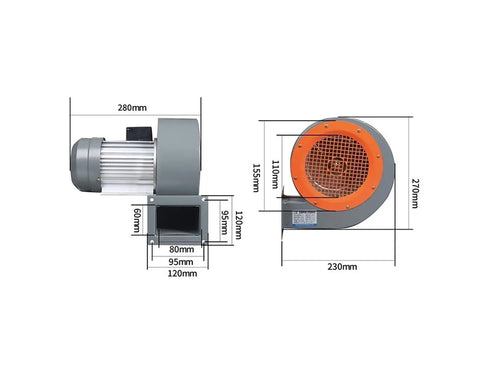Heavy Duty Industrial Centrifugal Blower Fan side view with dimensions for smoke exhaust and water damage restoration.