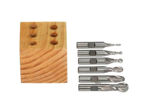HHIP 6-piece M2 ball-nose end mill set with wooden storage stand, 2-flute HSS