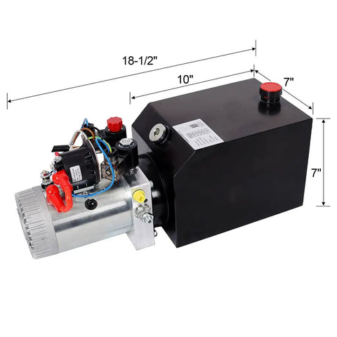 12V Double Acting Hydraulic Power Unit 3HP DC Motor 6 Quart Steel Tank SAE#6 Connector side view with measurements.