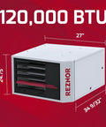 Heavy Duty Vertical Natural Gas Garage Heater Kickin Out 120000 BTU Of Knockout Warmth For Commercial Spaces And Workshops With Dependable Forced Air Flow, front view with dimensions.