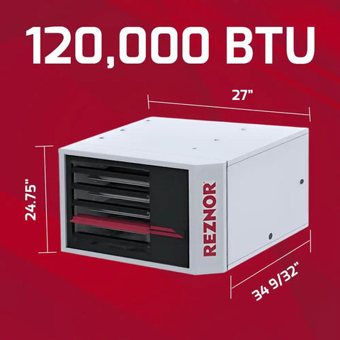 Heavy Duty Vertical Natural Gas Garage Heater Kickin Out 120000 BTU Of Knockout Warmth For Commercial Spaces And Workshops With Dependable Forced Air Flow, front view with dimensions.