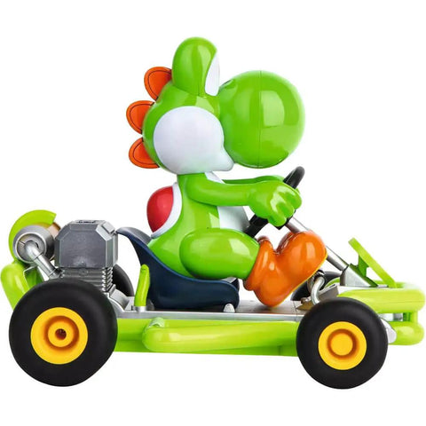 Official Licensed Mario Kart Pipe Kart Yoshi 1 to 18 Scale RC Car side view showing green Yoshi in a bright kart.