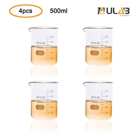 500ml Beaker Set For Lab Work, 3.3 Borosilicate Glass, Griffin Low Form With Printed Graduation, Pack Of Four