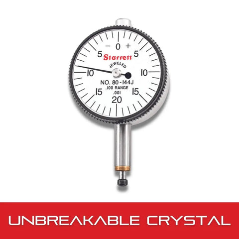 Miniature Dial Indicator With Jewel Bearings, Lug-On-Center Back, White Face, 0 To 0.100 Inch Range, 0-20-0 Balanced Dial, .001 Inch Graduation
